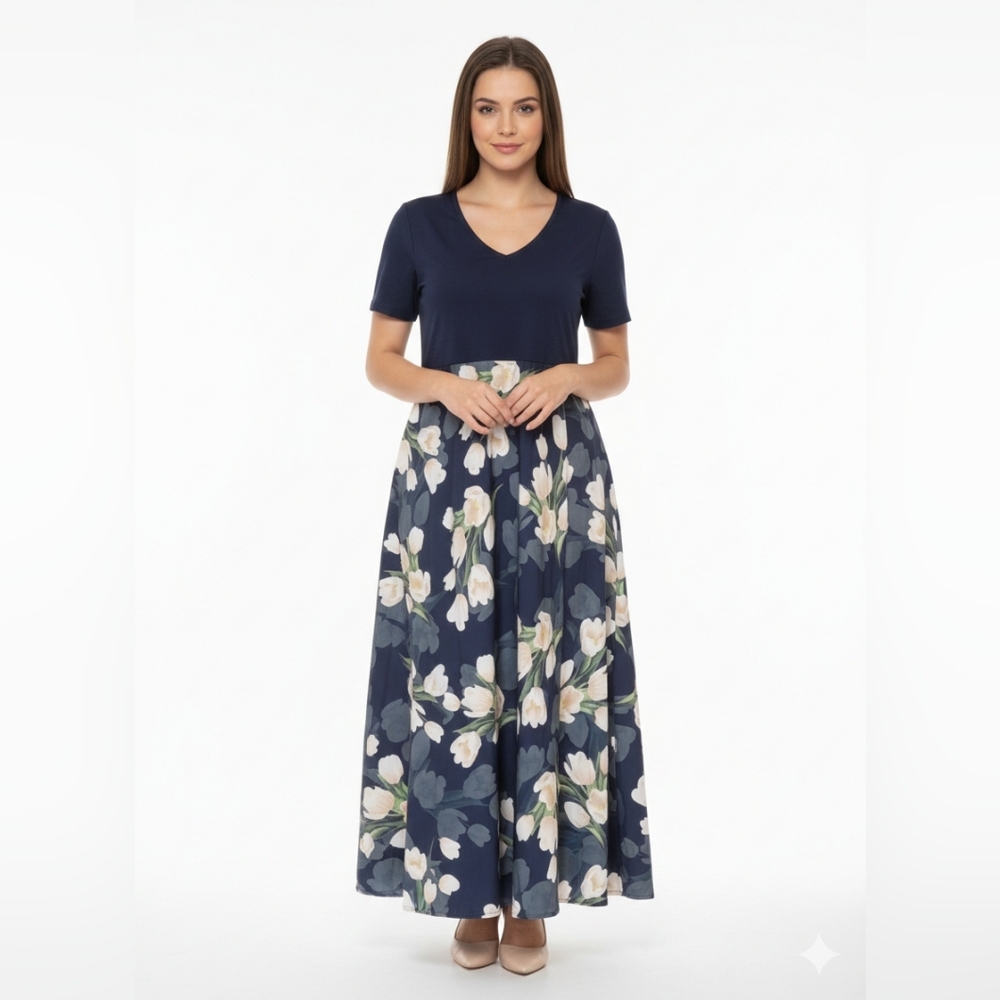 Exclusive Brand Women's Large Navy Floral Maxi Short Sleeve Dress